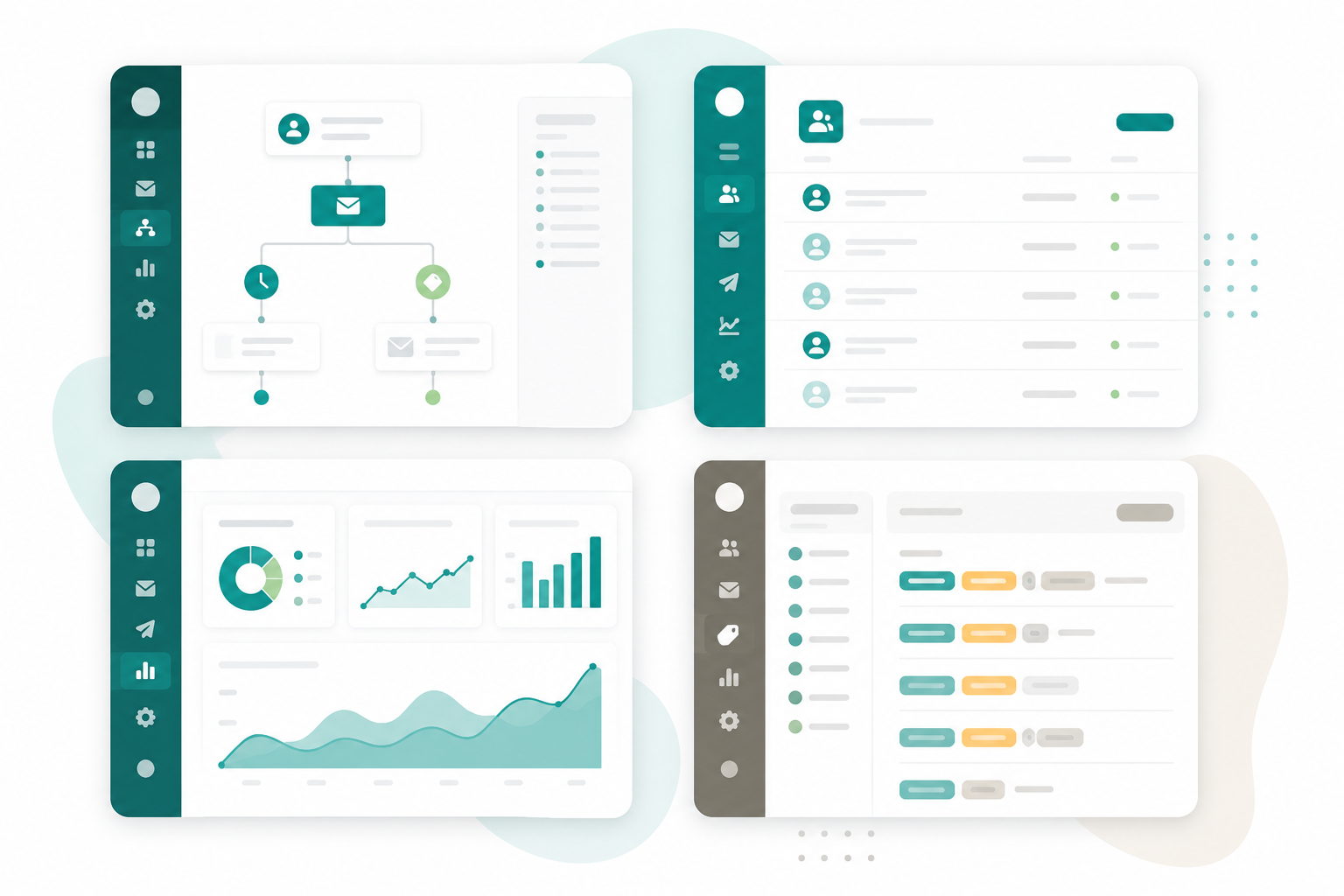 Ilustración comparativa de cuatro plataformas de email marketing con paneles de automatización, listas de suscriptores, analíticas y segmentación de contactos.