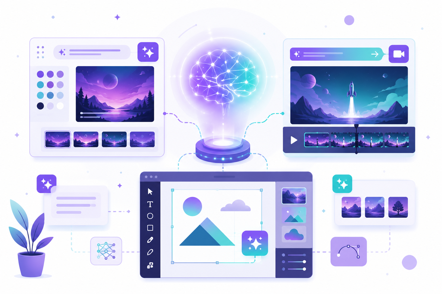 Ilustración de herramientas de inteligencia artificial para crear imágenes, vídeos y diseños asistidos por IA.