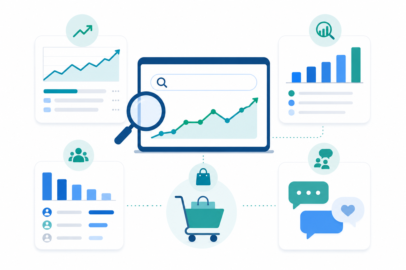 Ilustración de un conjunto de herramientas para investigar nichos de mercado con gráficos de tendencias, búsqueda de palabras clave, análisis de competencia, plataformas de compra y conversaciones de usuarios