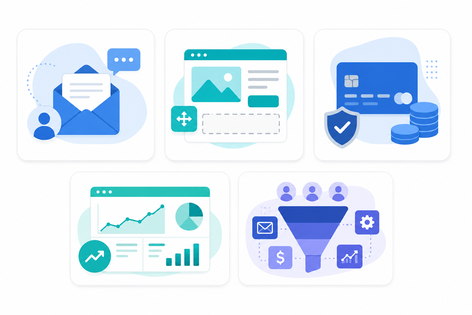 Ilustración comparativa de herramientas para construir embudos de ventas organizadas en tarjetas según su función: email marketing, landing pages, pagos, analítica y solución todo en uno.
Nombre del archivo: