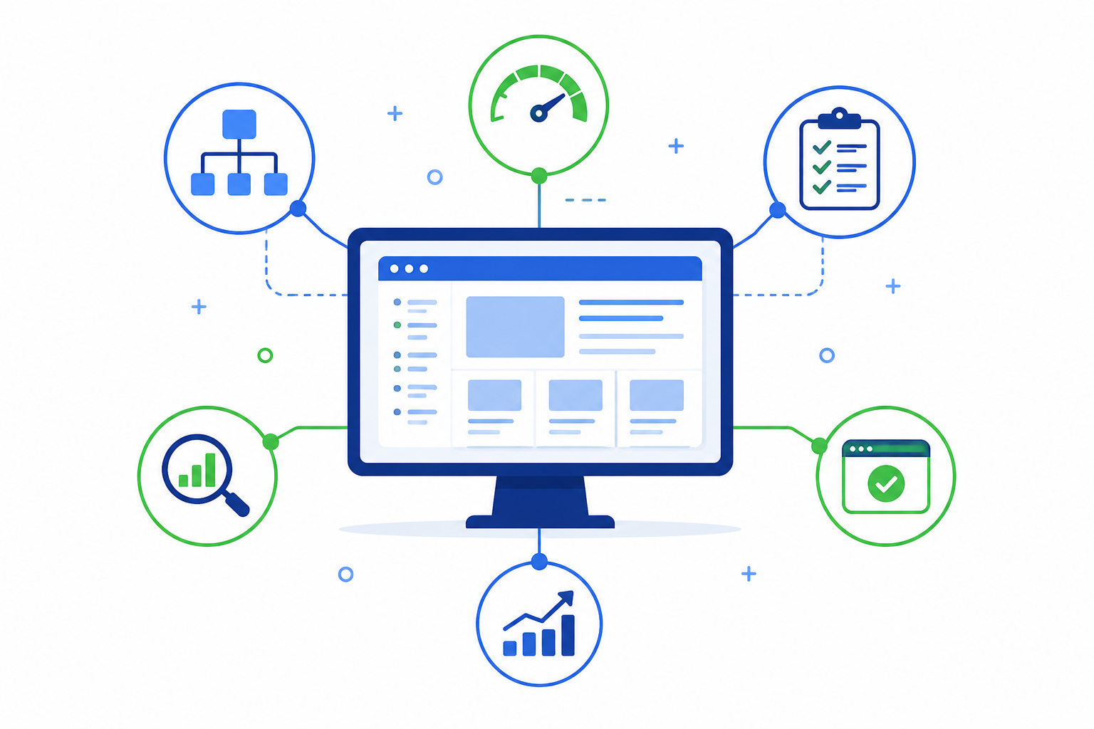 Ilustración flat design de herramientas utilizadas para analizar y optimizar el SEO técnico de un sitio web.