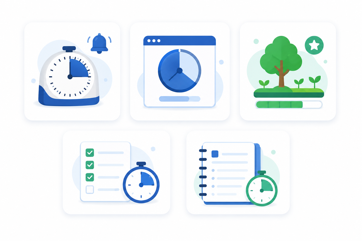 Ilustración flat design de cinco herramientas para aplicar la técnica Pomodoro, representadas mediante tarjetas con iconos de un temporizador físico, un temporizador web, una aplicación con gamificación, un gestor de tareas con temporizador y un cuaderno con seguimiento de sesiones.