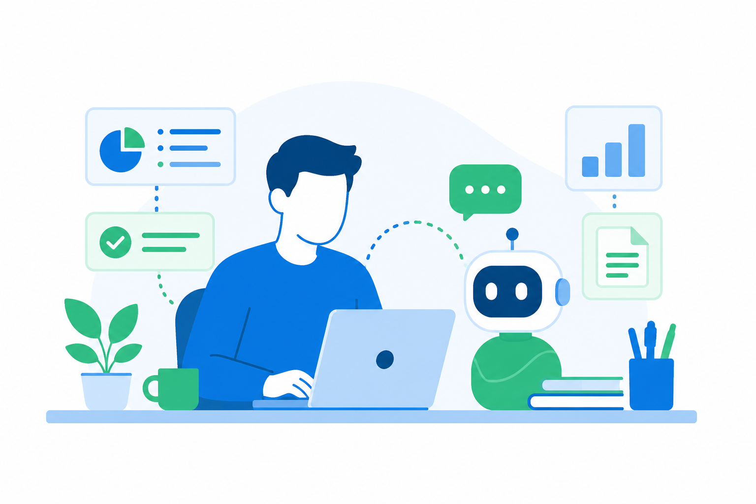 Ilustración flat design de una persona trabajando en su escritorio junto a un asistente de inteligencia artificial, representando la colaboración entre ambos para aumentar la productividad.