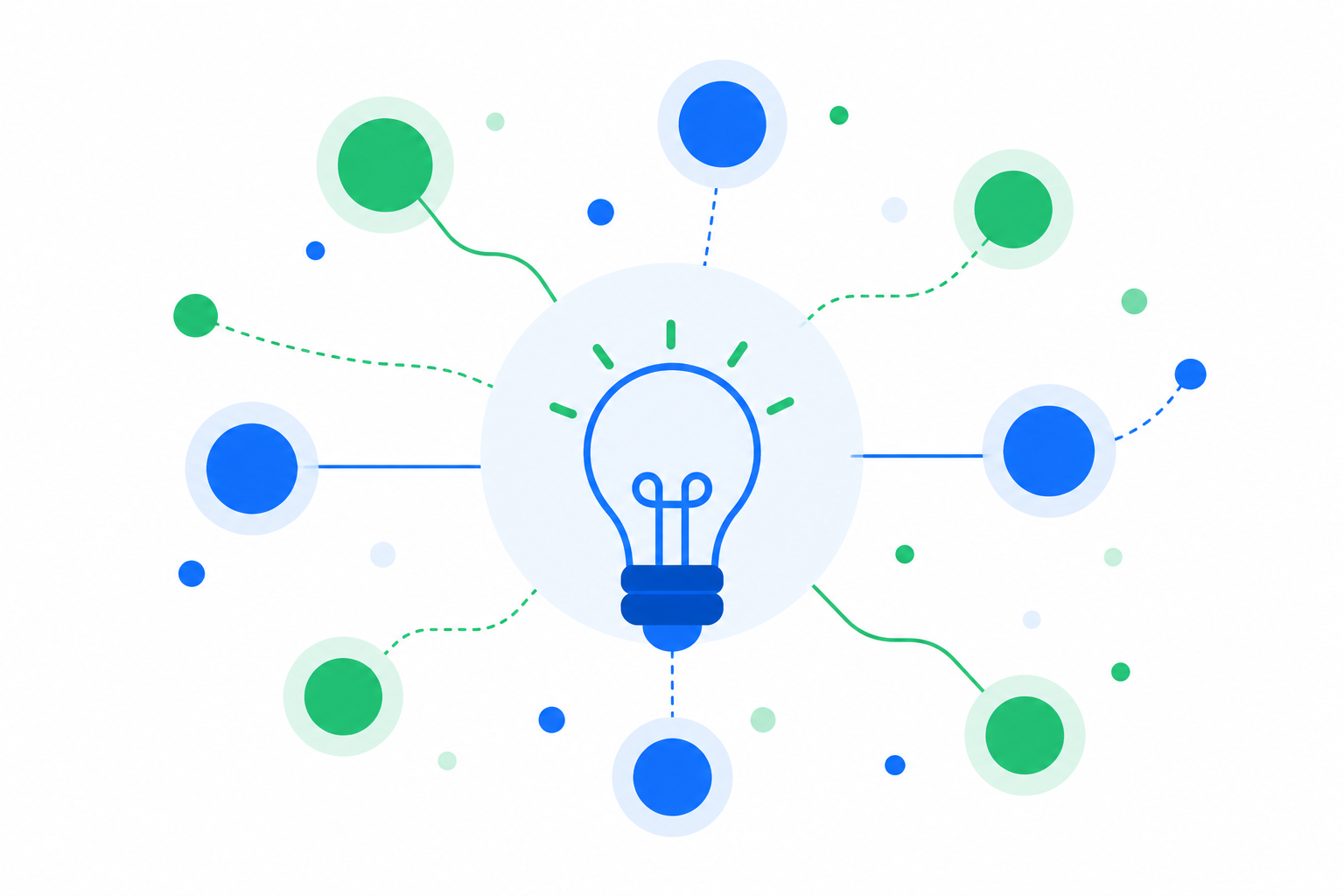 Ilustración flat design de una bombilla conectada a varias ideas de palabras clave que representa el proceso de brainstorming para un estudio de keywords.