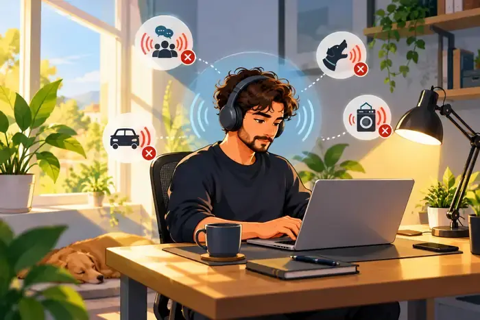 Persona trabajando con luz natural lateral, una lámpara de escritorio y auriculares con cancelación de ruido