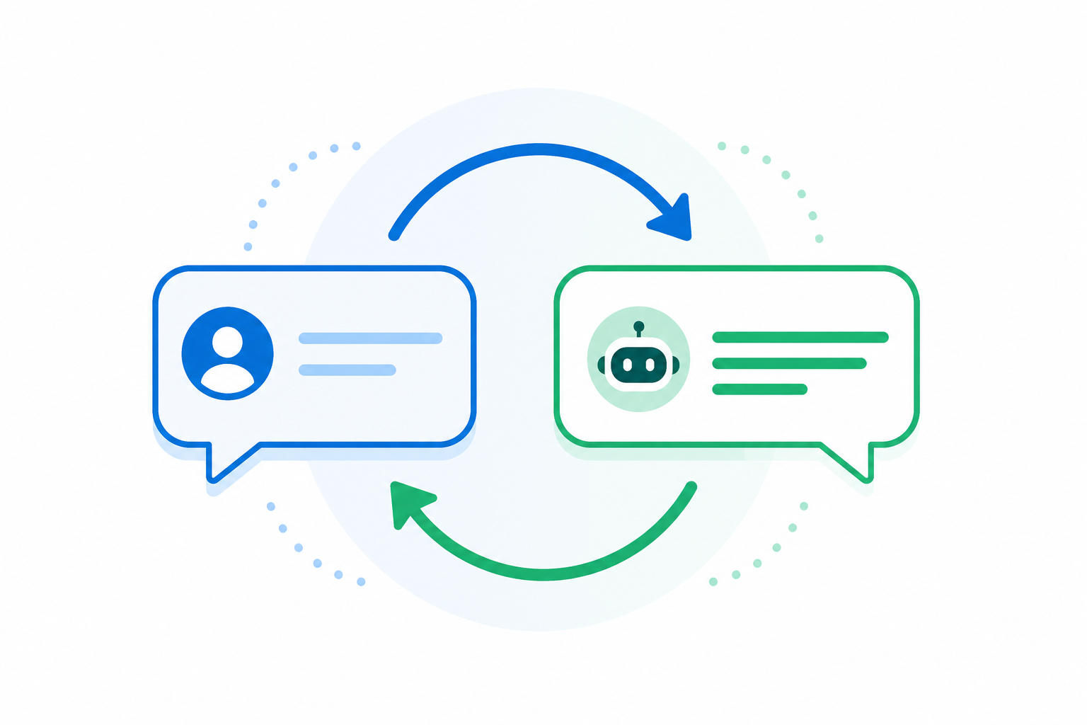 Ilustración flat design que representa un proceso iterativo entre un usuario y una inteligencia artificial para mejorar progresivamente las respuestas obtenidas.