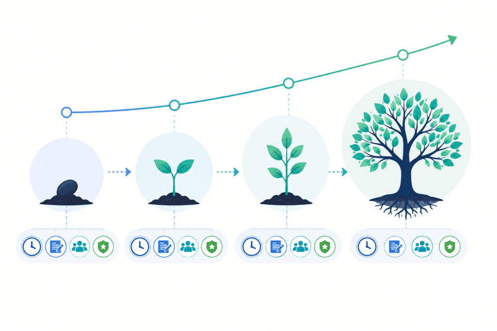 Ilustración del crecimiento progresivo de una marca personal representado como una planta que evoluciona desde una semilla hasta un árbol consolidado, acompañada de iconos de consistencia, contenido, red de contactos y autoridad.
