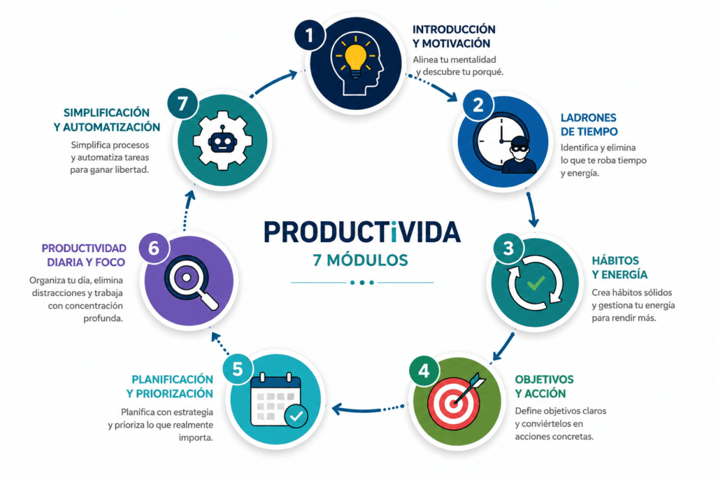 Infografía con los 7 módulos del curso ProductiVIDA: motivación, gestión del tiempo, hábitos, objetivos, planificación, foco y automatización