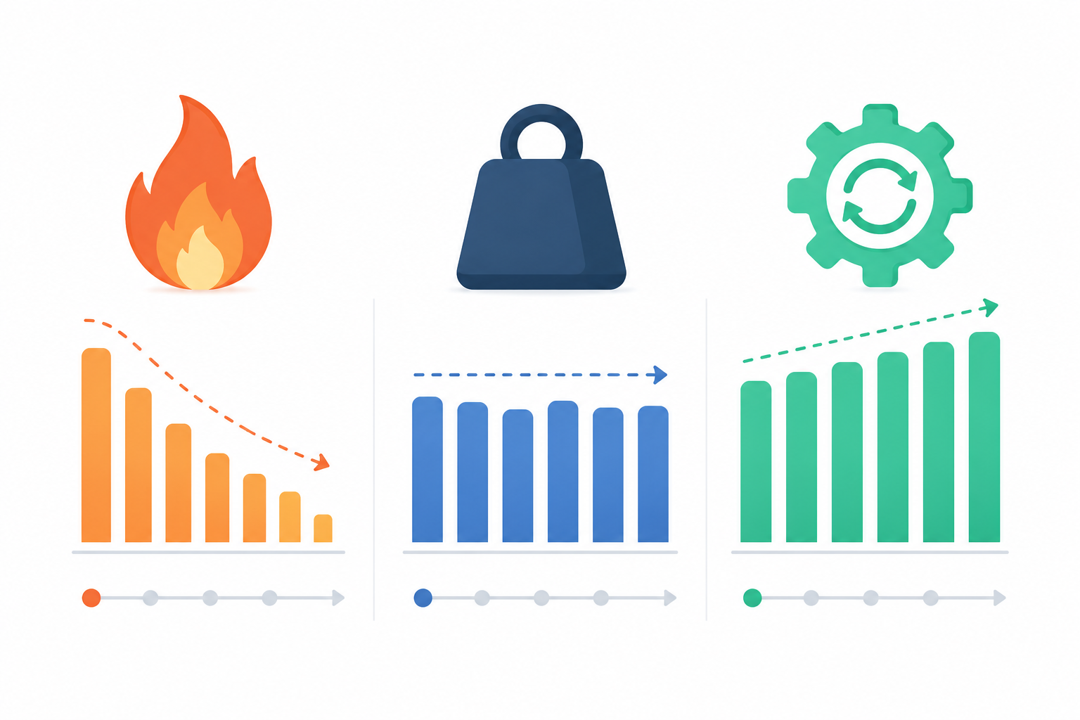 Ilustración flat design comparando motivación, disciplina y sistemas mediante una llama, un peso y un engranaje con gráficos que muestran su estabilidad y evolución a lo largo del tiempo.