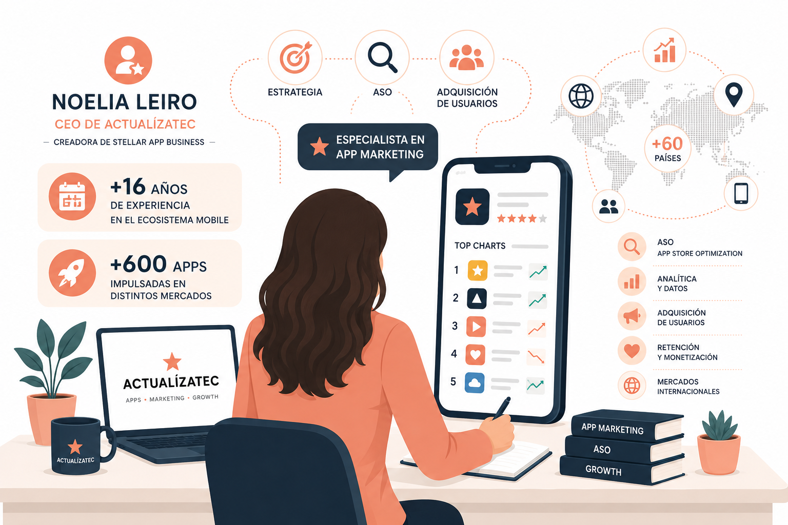 Ilustración de Noelia Leiro trabajando en estrategias de App Marketing, ASO, analítica y crecimiento de aplicaciones móviles.