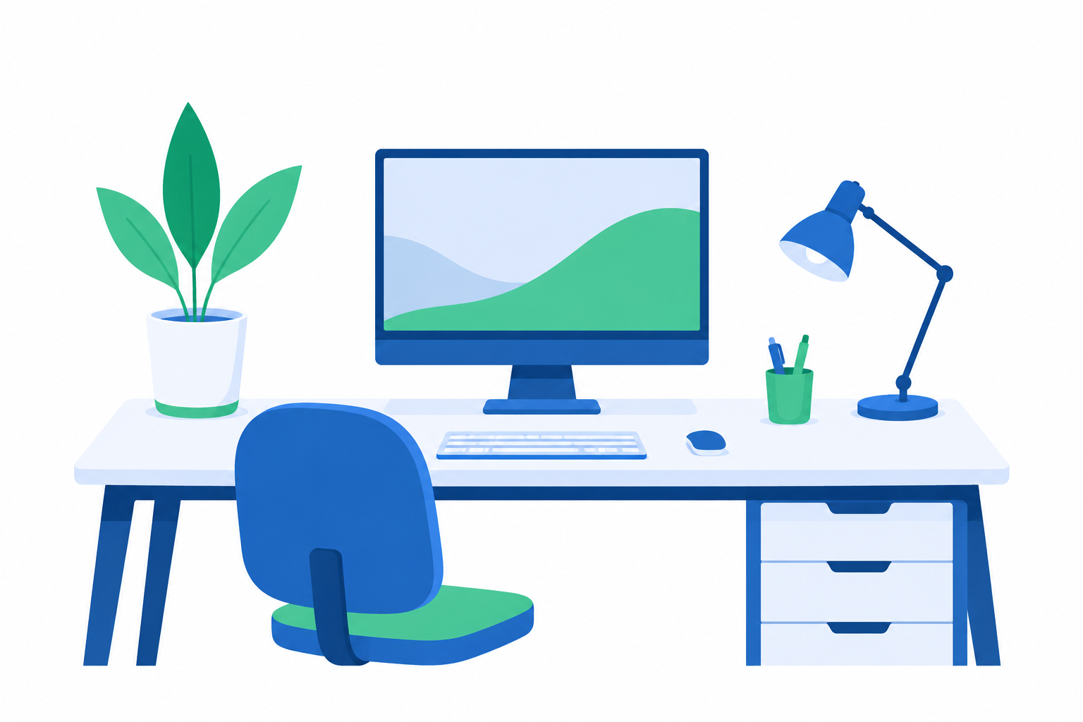 Ilustración flat design de un escritorio minimalista con pocos elementos bien organizados.