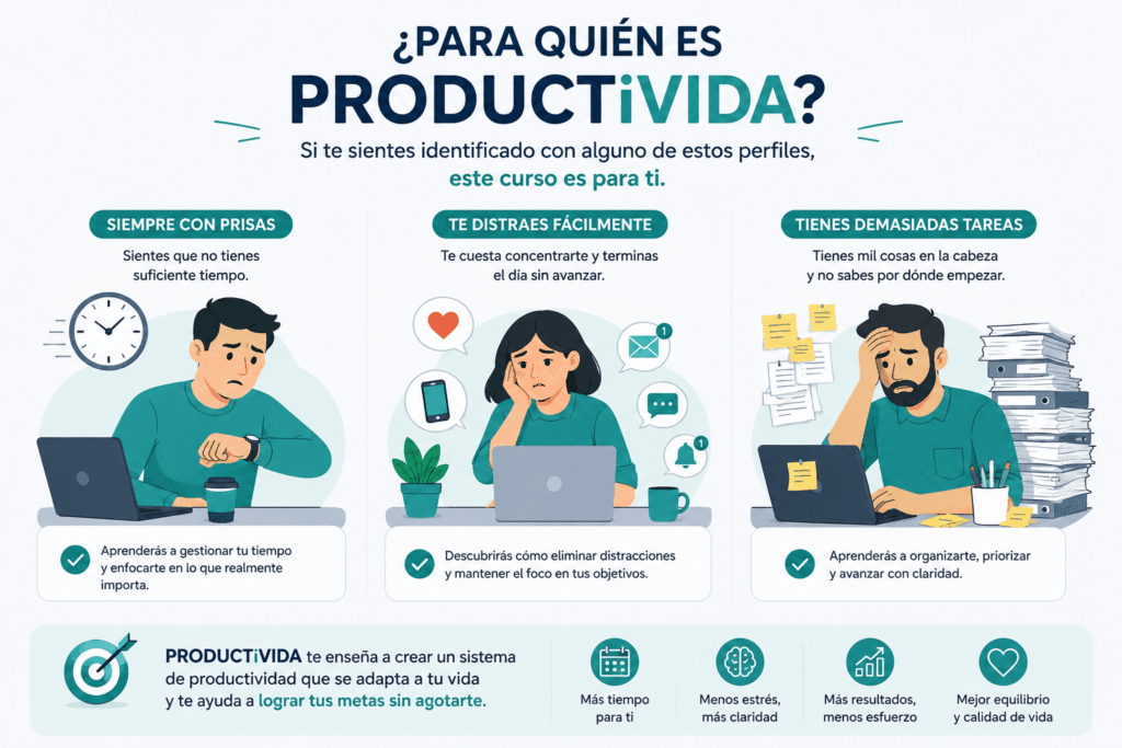 Perfiles para los que está pensado el curso ProductiVIDA: personas con poco tiempo, dificultades para concentrarse y exceso de tareas.