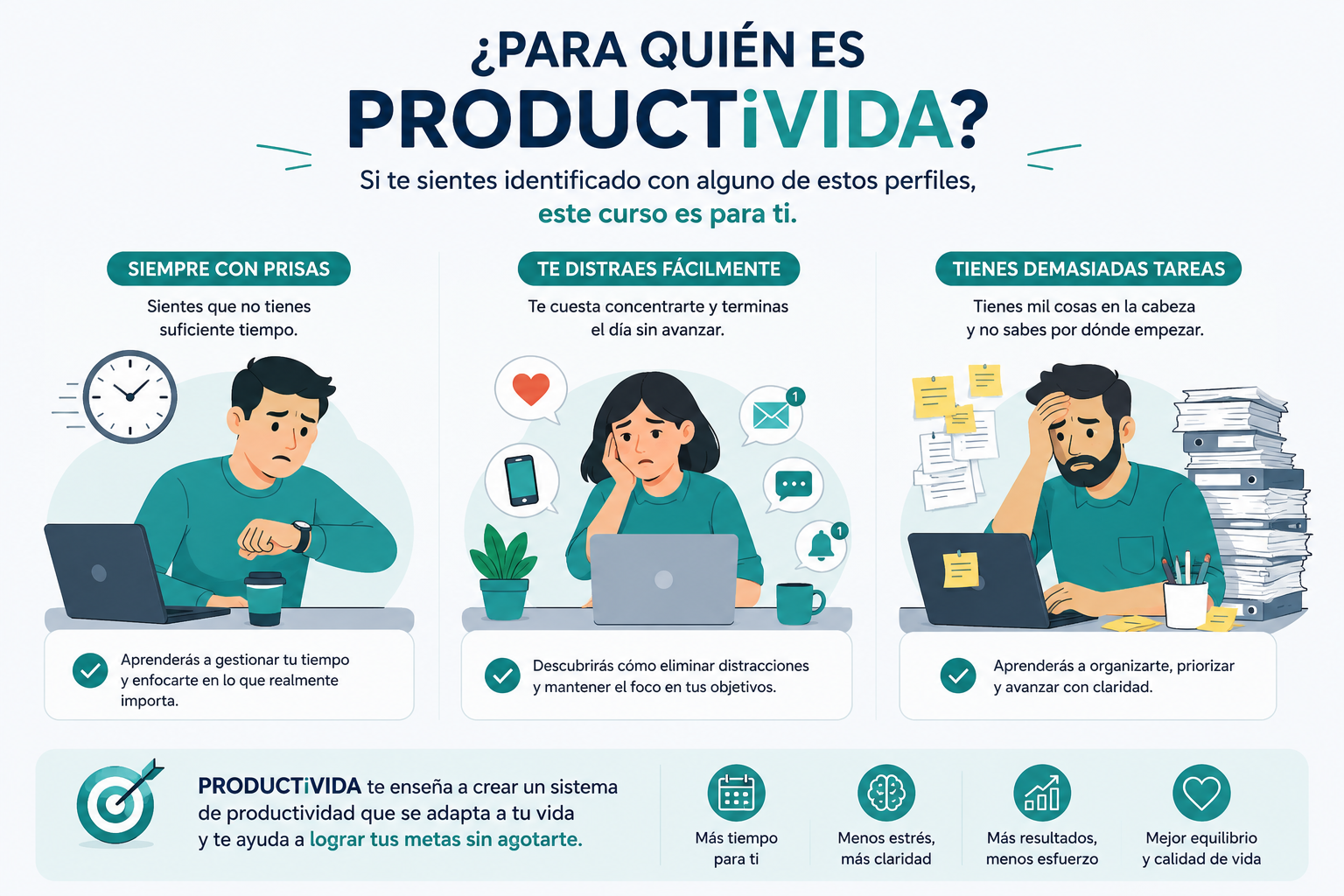 Perfiles para los que está pensado el curso ProductiVIDA: personas con poco tiempo, dificultades para concentrarse y exceso de tareas.