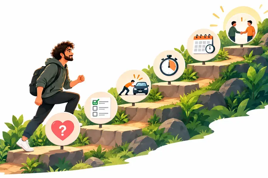 Camino ascendente con seis pasos ilustrados para dejar de procrastinar, desde identificar la emoción hasta comprometerse con otra persona