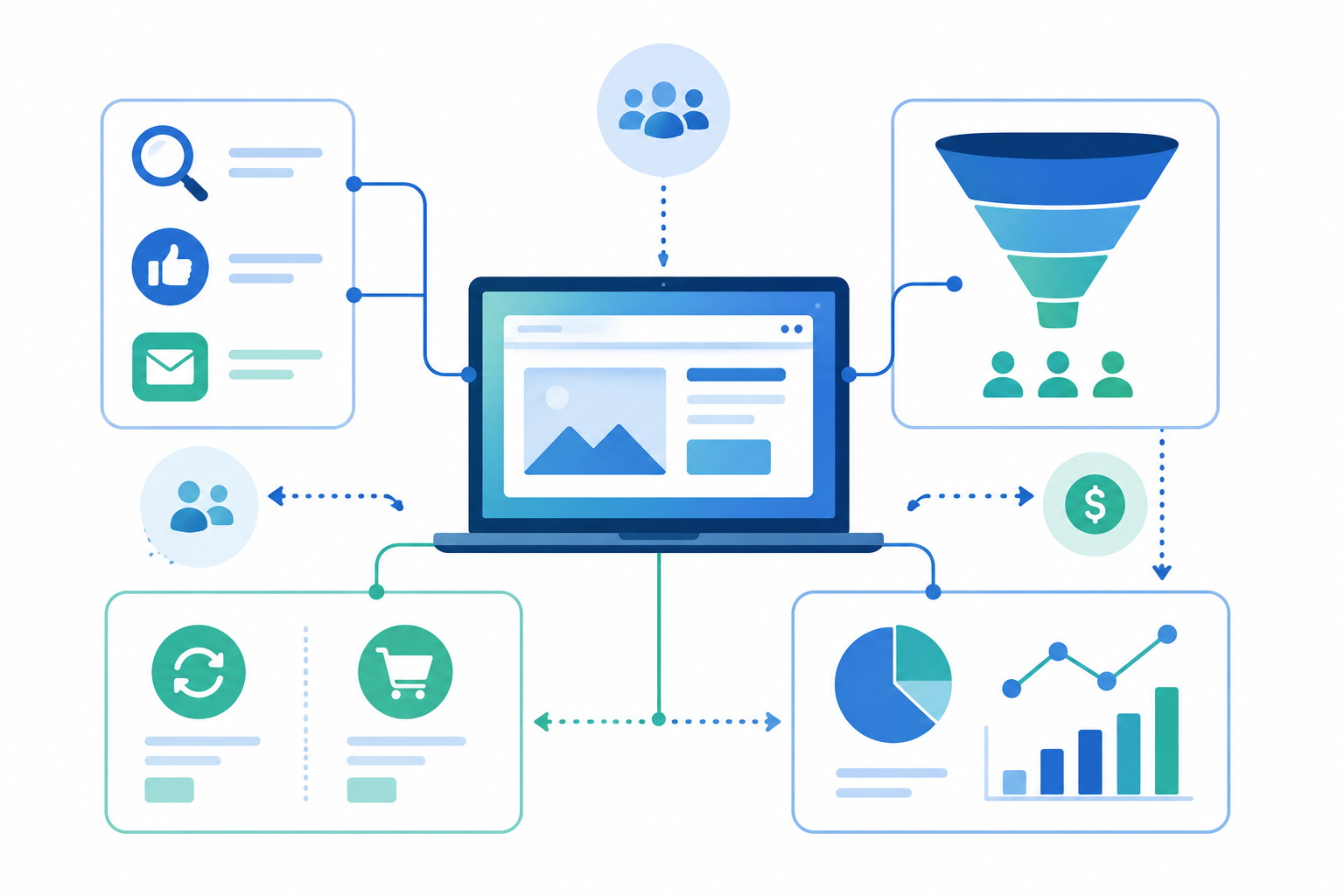 Ilustración de un plan de negocio online con un portátil central conectado a canales de tráfico, embudo de ventas, modelo de ingresos y panel de analítica.