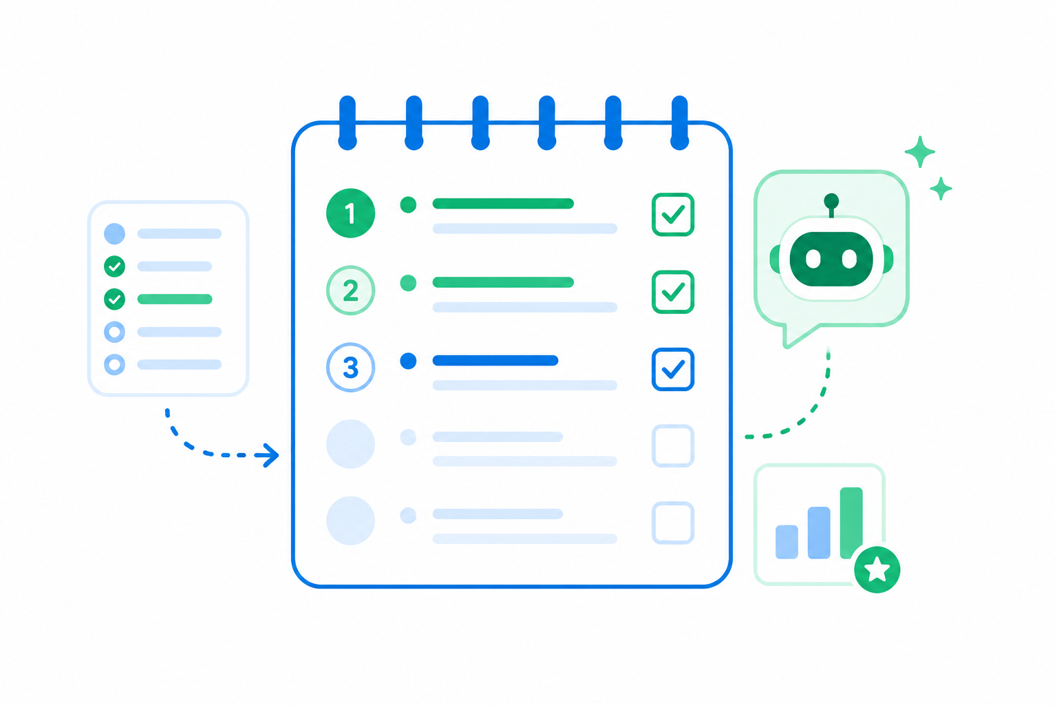 Ilustración flat design de una lista de tareas organizada y priorizada con ayuda de inteligencia artificial para mejorar la productividad diaria.