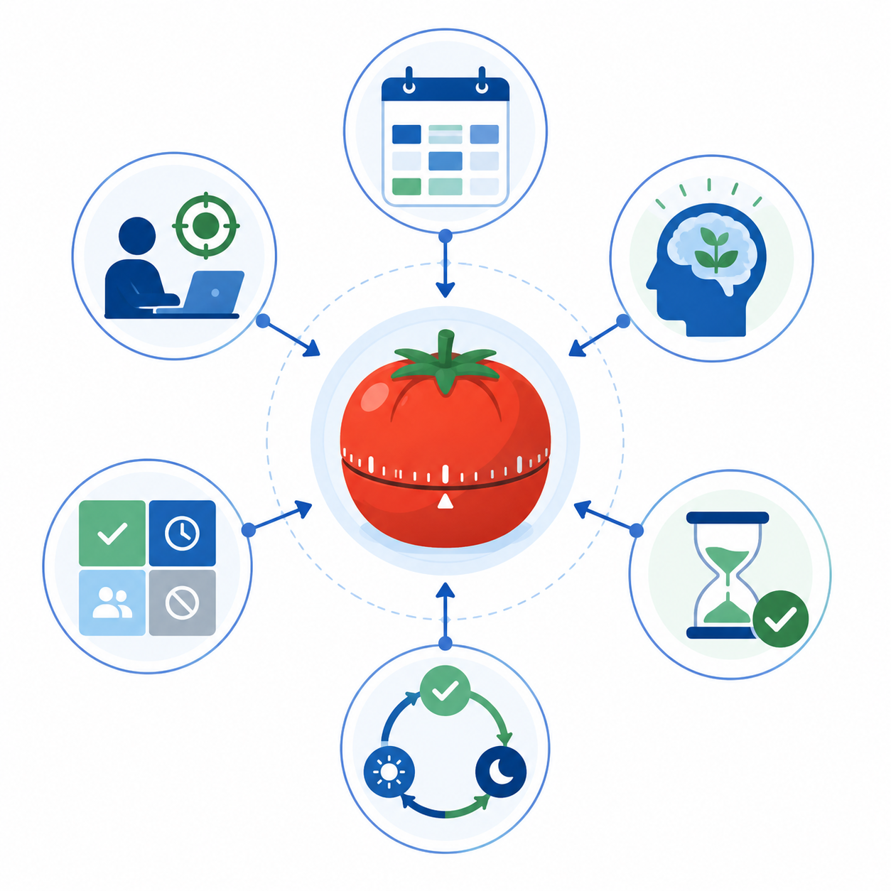 Ilustración flat design de la técnica Pomodoro como sistema central conectado mediante flechas a Time Blocking, Deep Work, la matriz de Eisenhower, la regla de los dos minutos y los sistemas de hábitos.