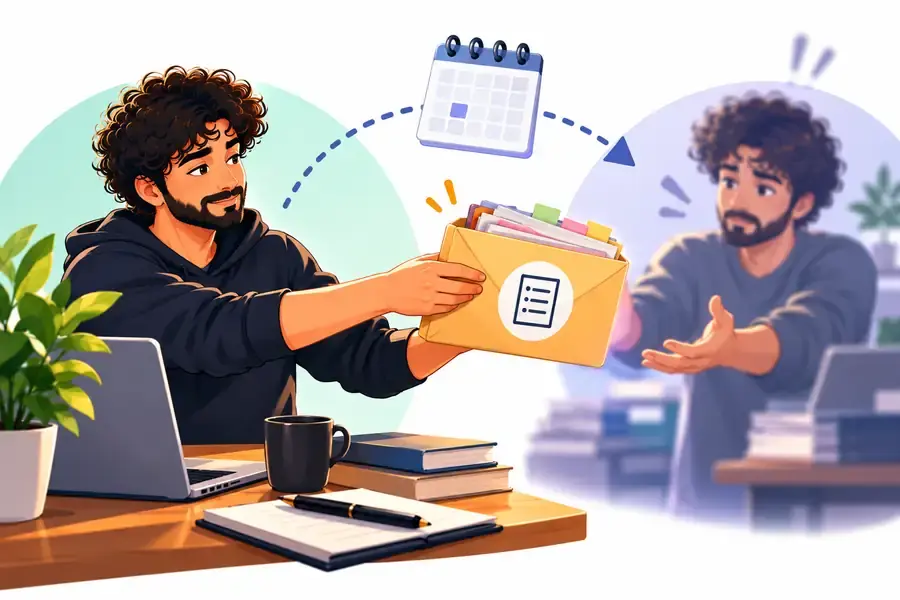 Persona entregando una tarea pendiente a una versión de sí misma en el futuro, representando por qué procrastinamos