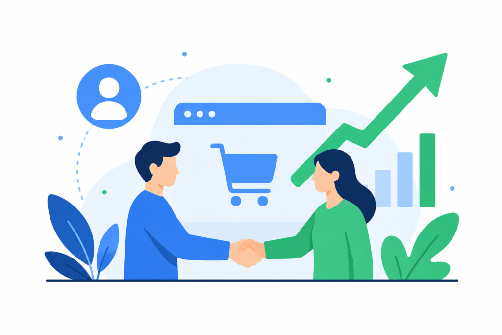 Ilustración flat design que representa la conexión entre un negocio online y sus primeros clientes mediante un apretón de manos y una flecha de crecimiento.