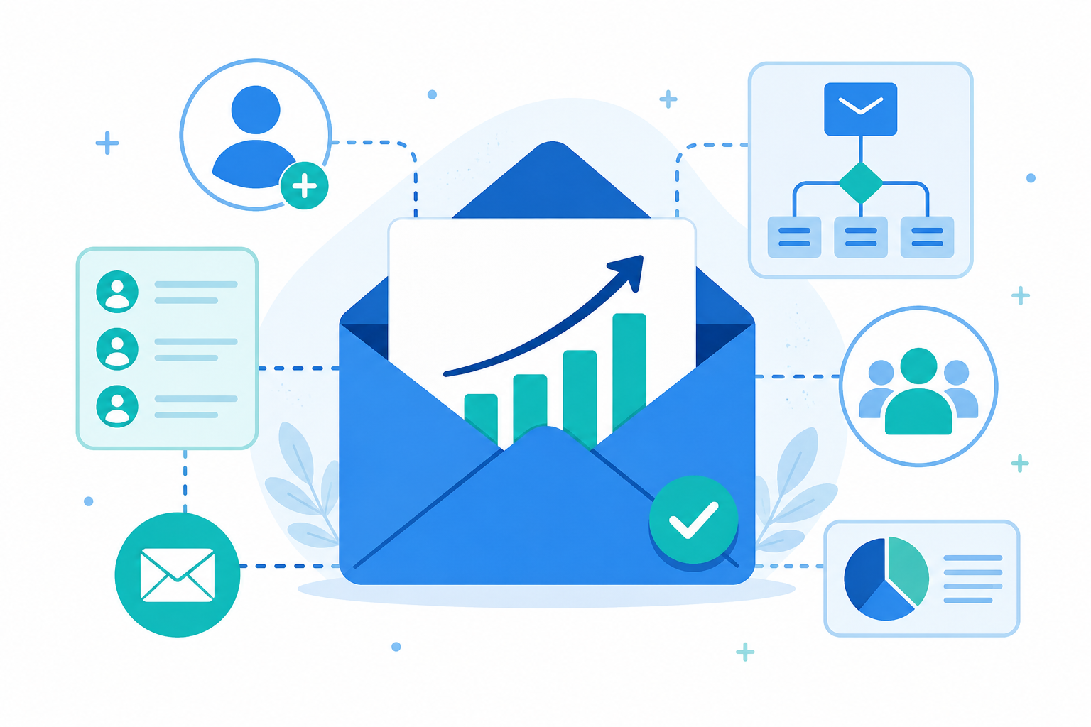 Ilustración del concepto de email marketing con un sobre abierto, una gráfica de crecimiento, suscriptores, automatizaciones y analíticas.