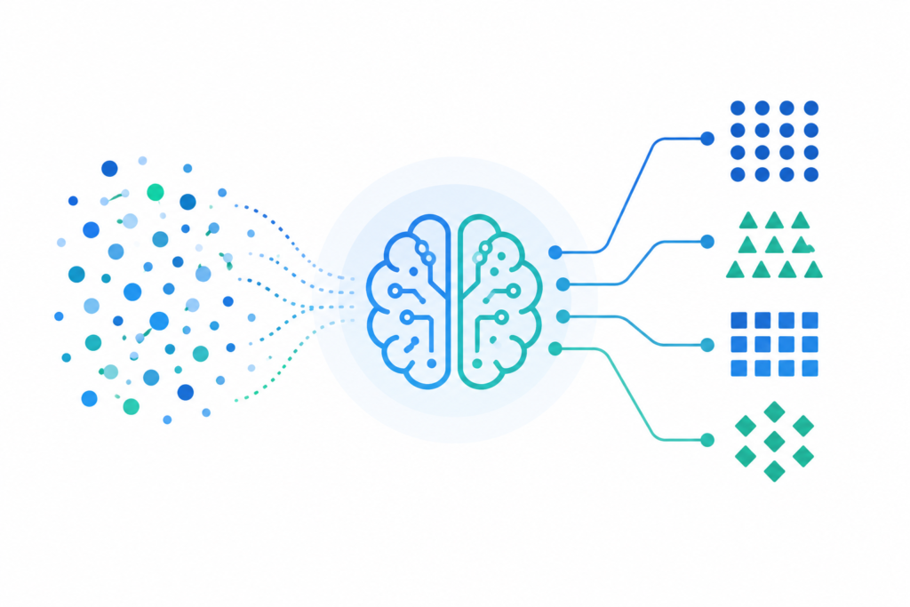 Ilustración flat design que representa el concepto de Machine Learning con datos organizándose en patrones.