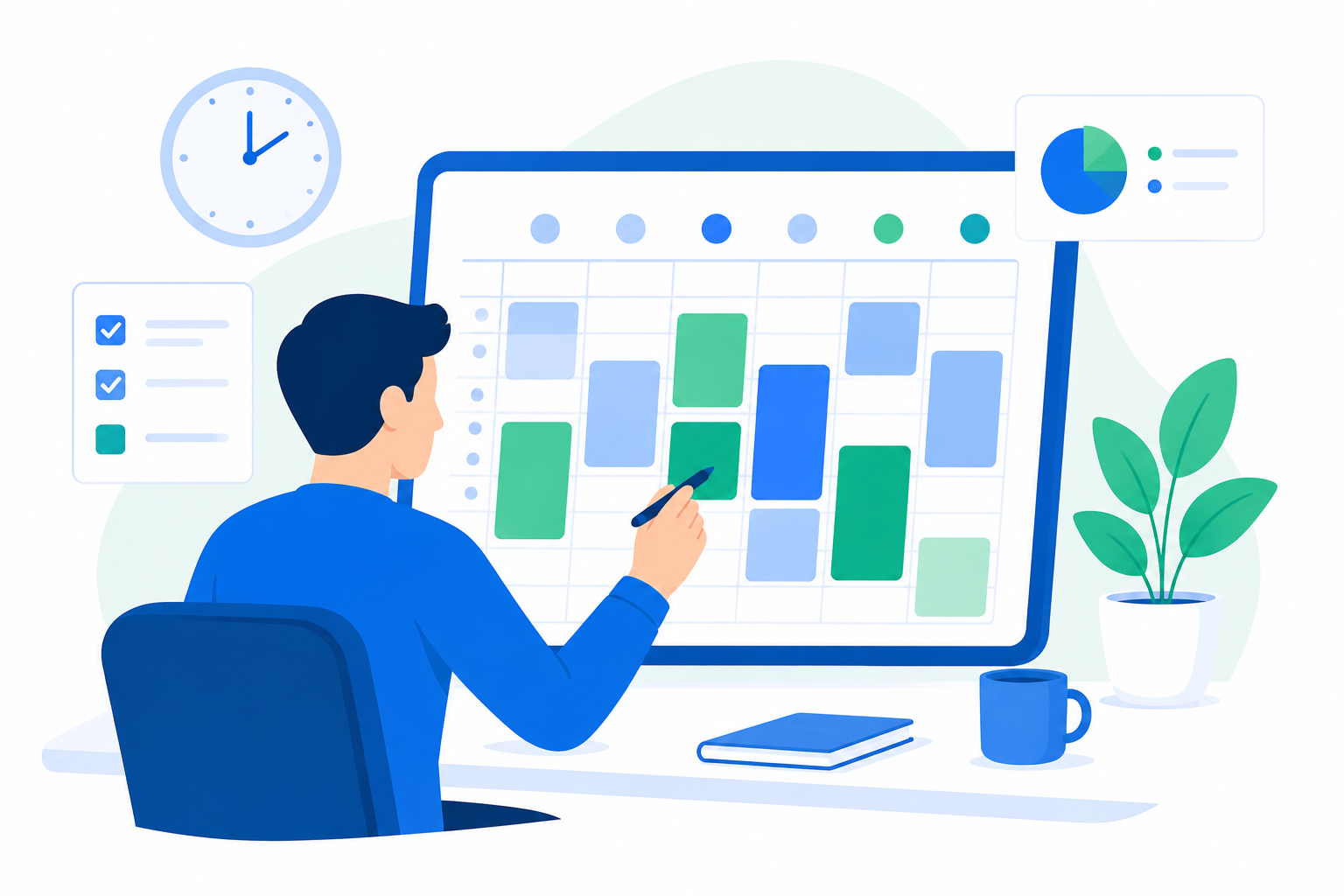 Ilustración flat design de una persona organizando su agenda mediante bloques de tiempo en un calendario digital para mejorar la productividad.
