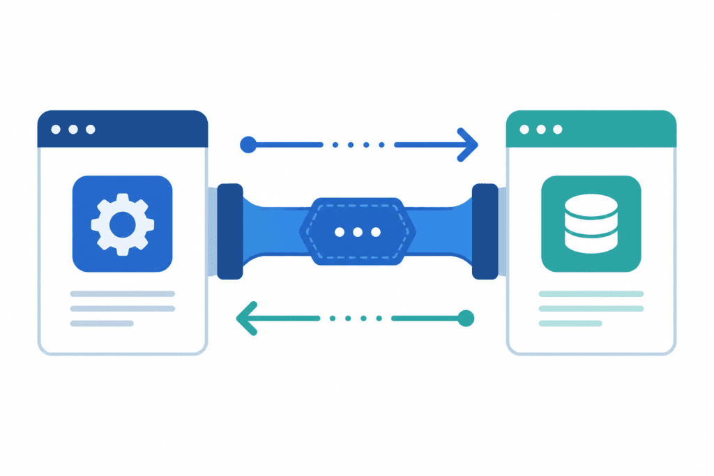 Ilustración del concepto de API mostrando dos aplicaciones conectadas por un canal de comunicación con flechas de petición y respuesta.