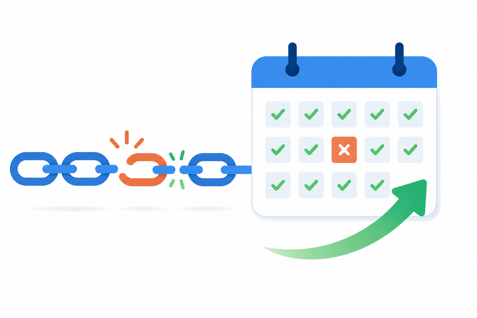 Ilustración flat design de una cadena con un eslabón roto que se reconecta y un calendario con un único día fallido rodeado de días completados, representando la recuperación de un hábito.