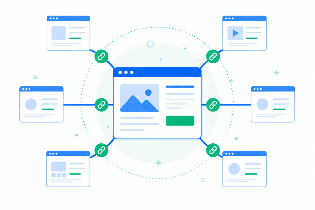 Ilustración flat design que representa una página web conectada mediante enlaces externos a otros sitios de autoridad, simbolizando el SEO Off Page.