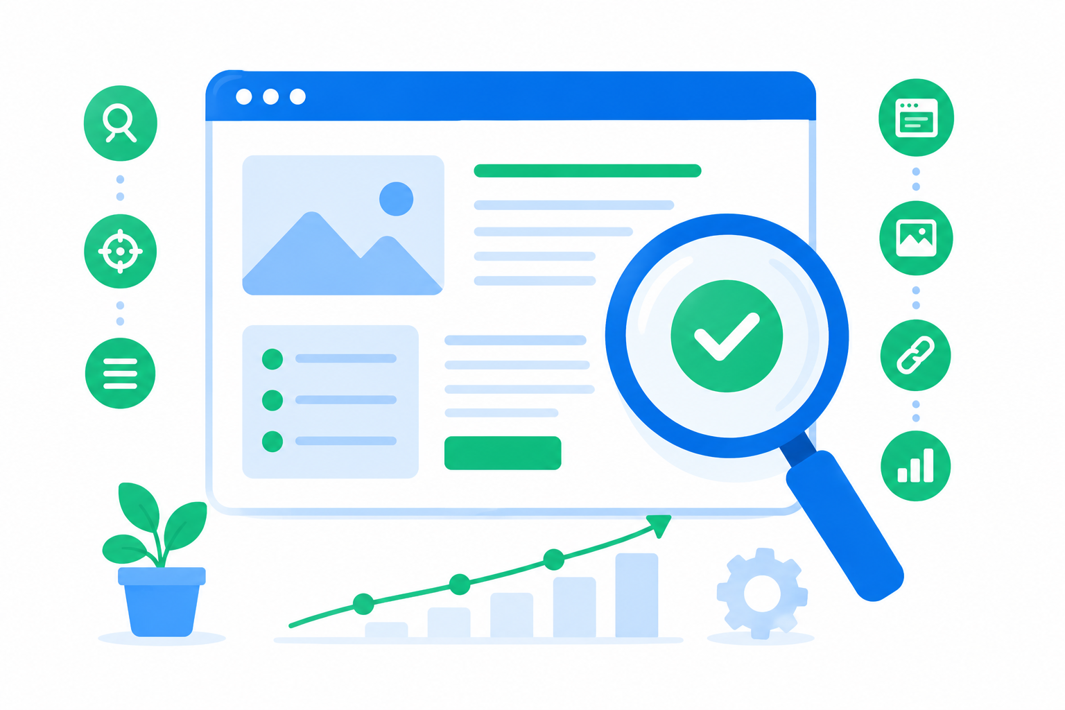 Ilustración flat design que representa la optimización de una página web para SEO On Page mediante el análisis y la mejora de sus elementos internos.