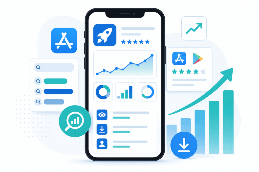 Ilustración de un smartphone con analíticas, ASO y crecimiento de aplicaciones representando el curso Stellar App Business.