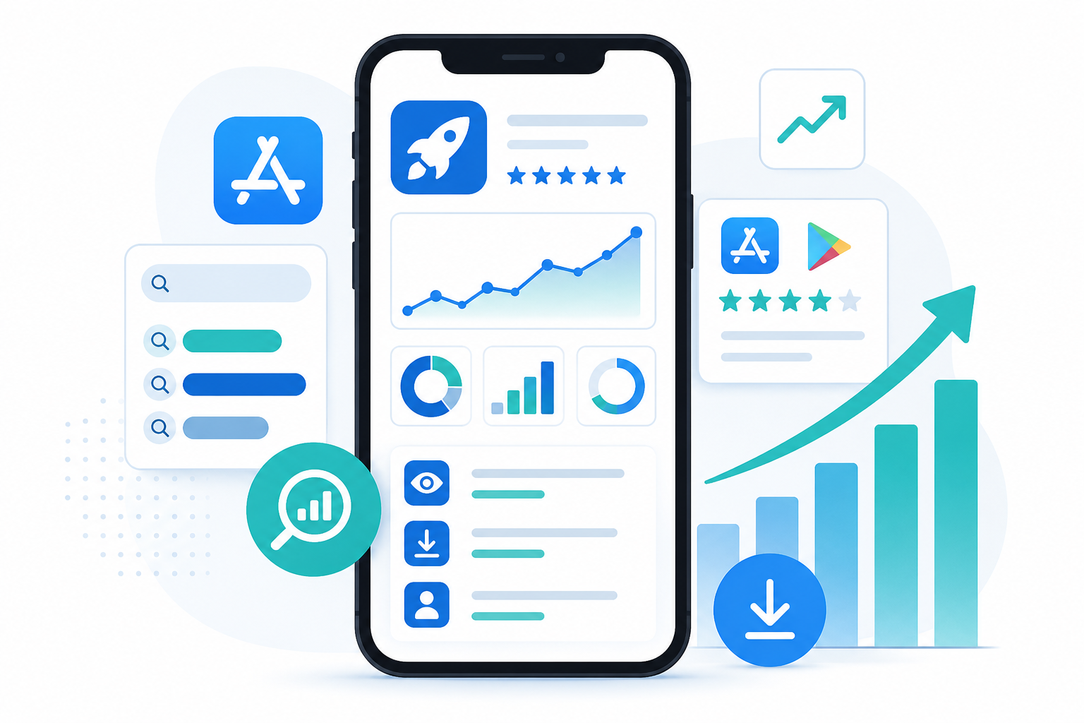 Ilustración de un smartphone con analíticas, ASO y crecimiento de aplicaciones representando el curso Stellar App Business.