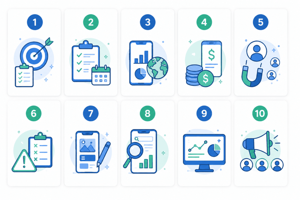Infografía con los 10 módulos de Stellar App Business: estrategia, gestión de proyectos, monetización, retención, UI/UX, ASO, analítica y adquisición de usuarios.