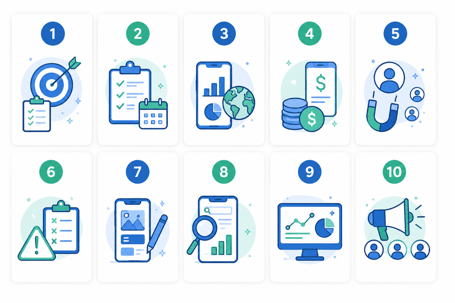 Infografía con los 10 módulos de Stellar App Business: estrategia, gestión de proyectos, monetización, retención, UI/UX, ASO, analítica y adquisición de usuarios.