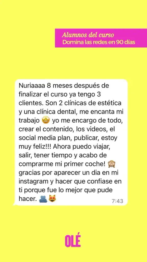 Testimonio de una alumna de Domina las Redes en 90 Días que consiguió tres clientes ocho meses después de terminar el curso