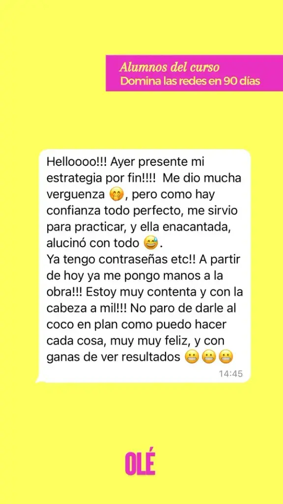 Testimonio de una alumna de Domina las Redes en 90 Días tras presentar su primera estrategia a una clienta