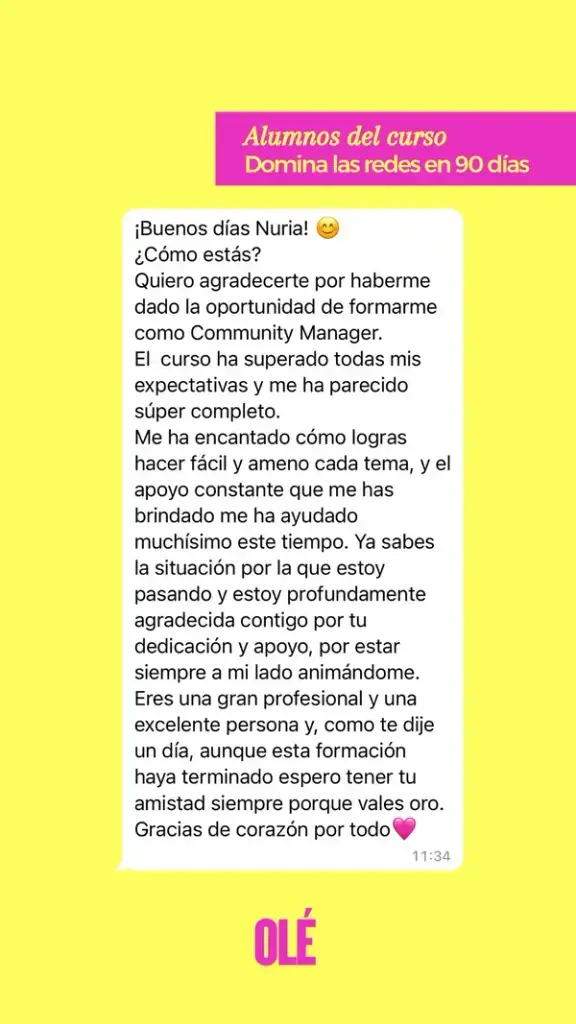 Testimonio de una alumna de Domina las Redes en 90 Días que agradece el apoyo recibido durante la formación
