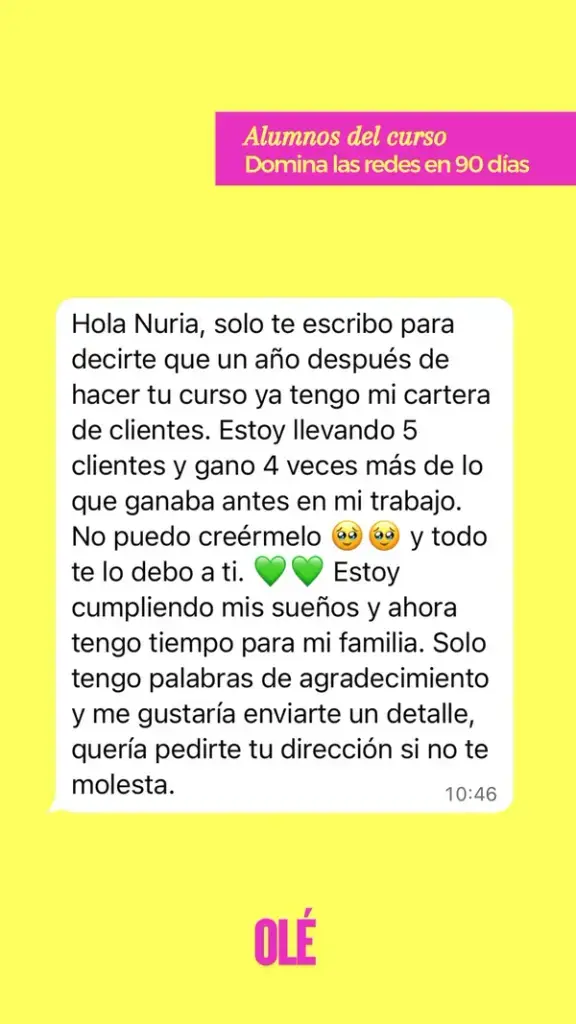 Testimonio de una alumna de Domina las Redes en 90 Días que gestiona cinco clientes un año después del curso
