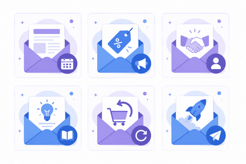 Ilustración de los principales tipos de correos electrónicos en email marketing: newsletter, bienvenida, promocionales, educativos, recuperación de carrito y lanzamiento.