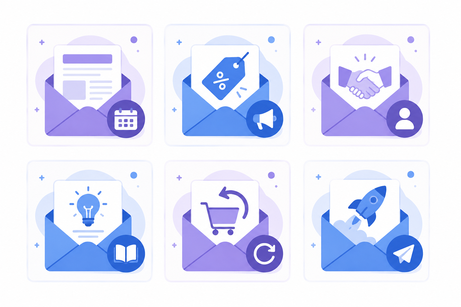 Ilustración de los principales tipos de correos electrónicos en email marketing: newsletter, bienvenida, promocionales, educativos, recuperación de carrito y lanzamiento.