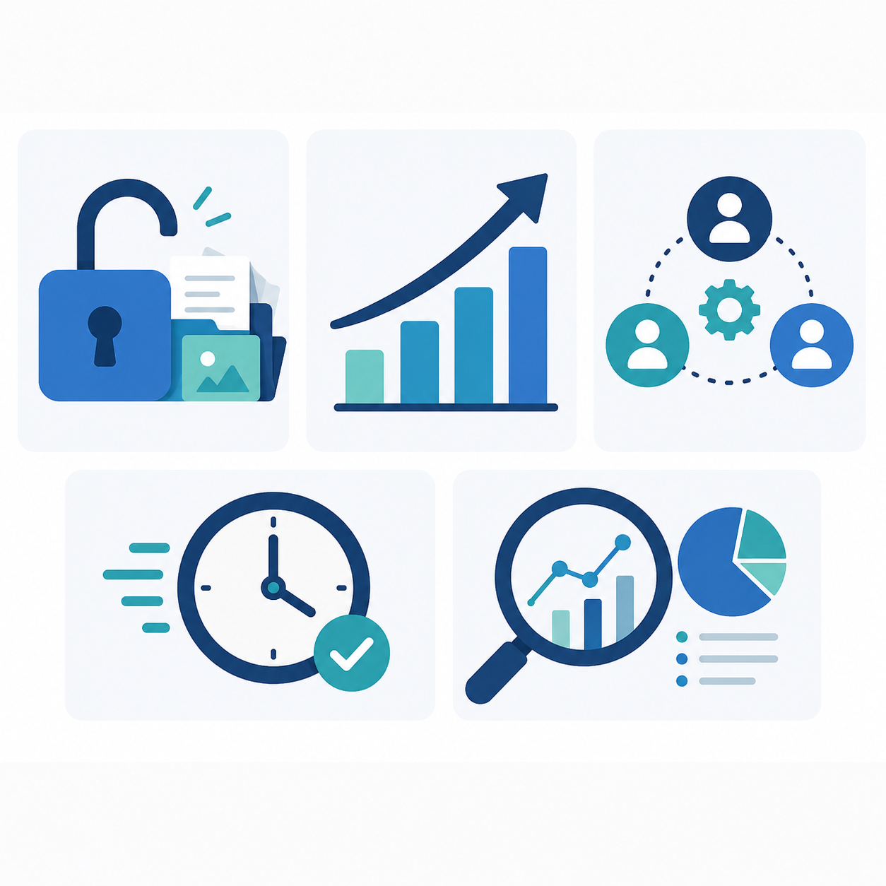 Ilustración de las principales ventajas de un CRM: menos información perdida, mejor seguimiento de ventas, coordinación del equipo, automatización de tareas y mejores decisiones basadas en datos.