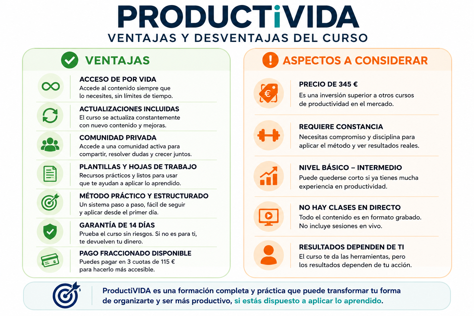 Comparativa de ventajas y desventajas del curso ProductiVIDA: acceso de por vida, comunidad, precio y compromiso requerido.