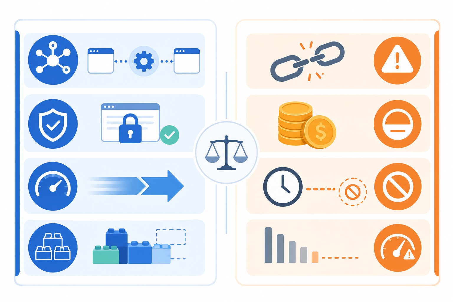 Ilustración comparativa de las ventajas y limitaciones de las APIs con iconos positivos a la izquierda y de advertencia a la derecha.