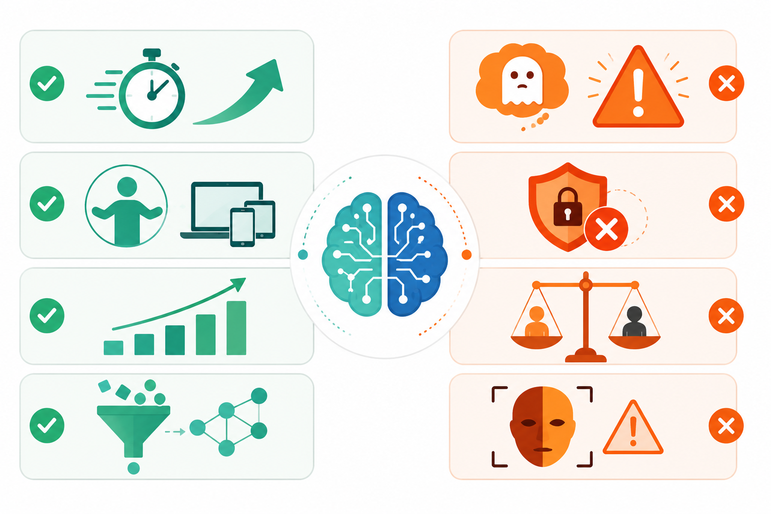 Ilustración flat design comparando las ventajas y las limitaciones de la IA generativa mediante dos columnas con iconos de beneficios y riesgos conectadas por un cerebro de inteligencia artificial.