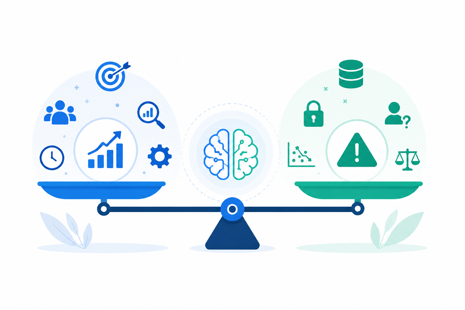 Ilustración flat design que representa el equilibrio entre ventajas y limitaciones del Machine Learning.