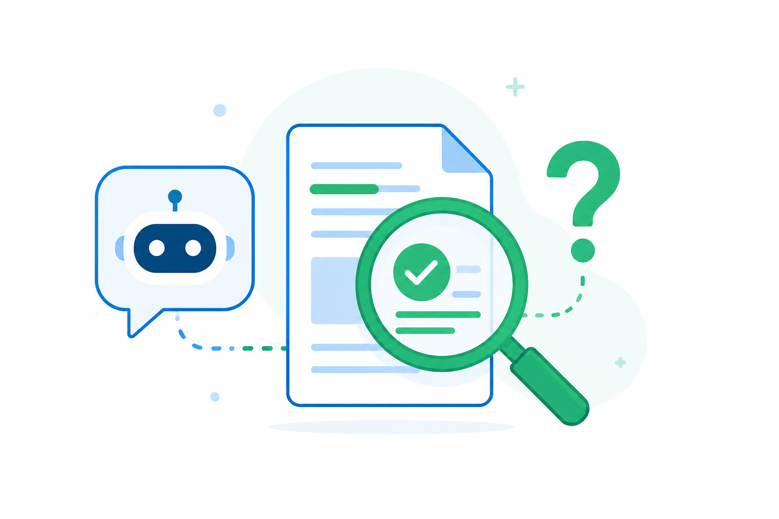 Ilustración flat design de una lupa revisando un documento generado por inteligencia artificial para comprobar la veracidad y precisión de la información.