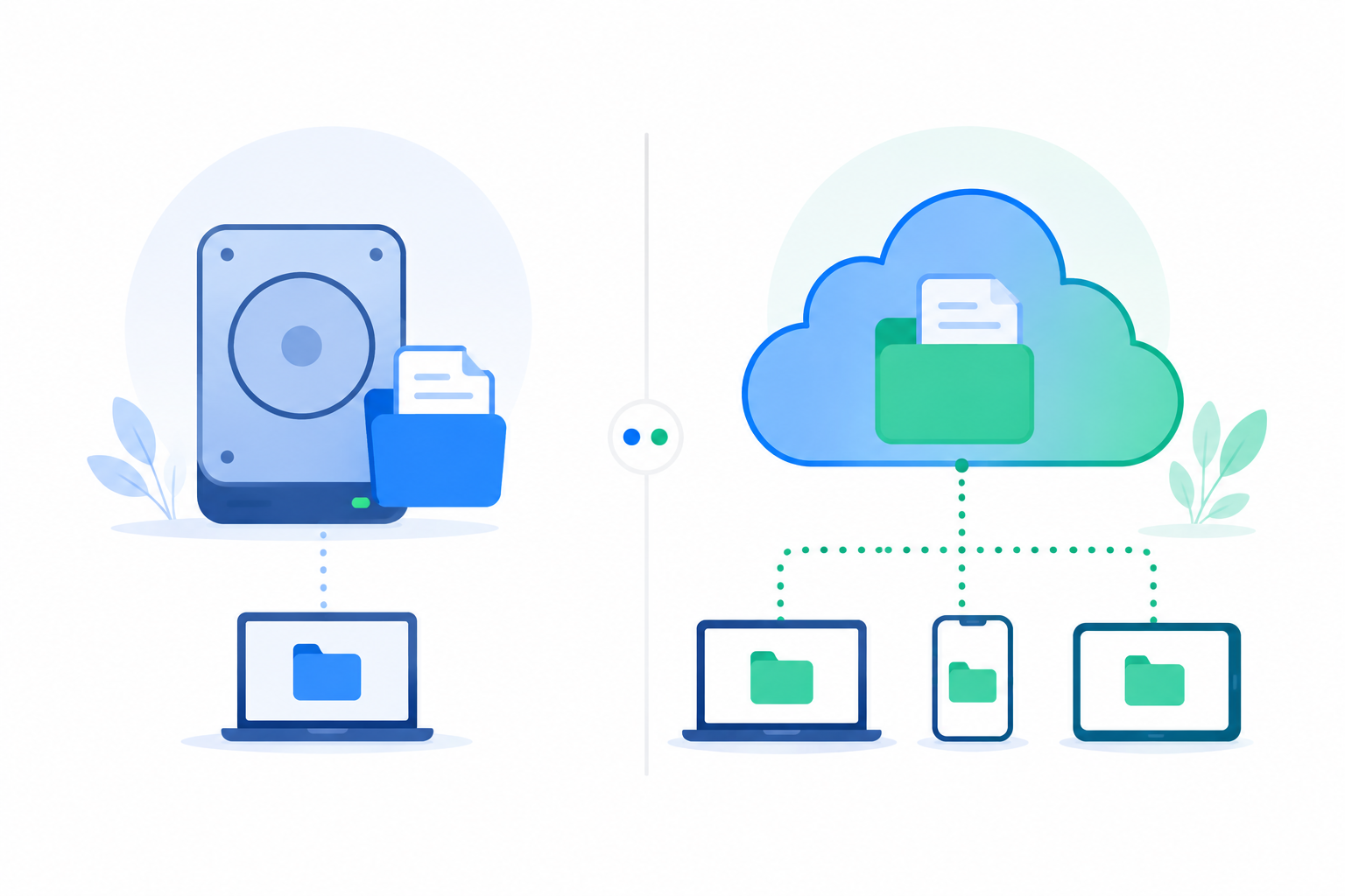 Ilustración flat design que compara el almacenamiento local en un disco duro con el almacenamiento en la nube accesible desde varios dispositivos.