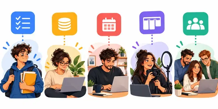 Distintos perfiles, como estudiante, autónomo, teletrabajador, creador de contenido y equipo, conectados con el tipo de aplicación que mejor les encaja