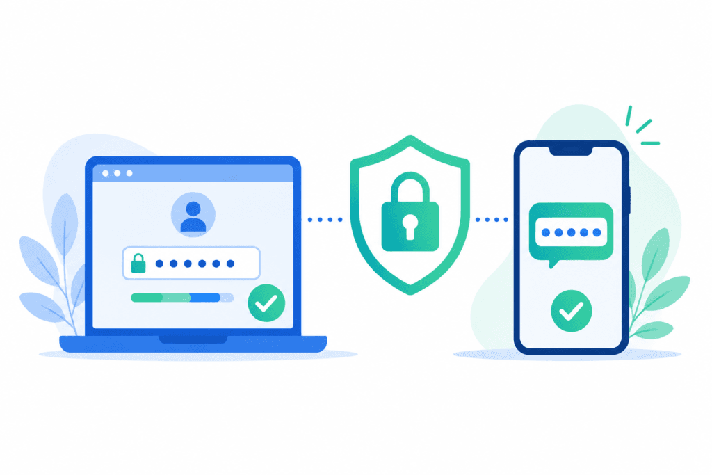 Ilustración flat design que representa una contraseña segura combinada con la autenticación en dos pasos mediante un código de verificación en un teléfono móvil.