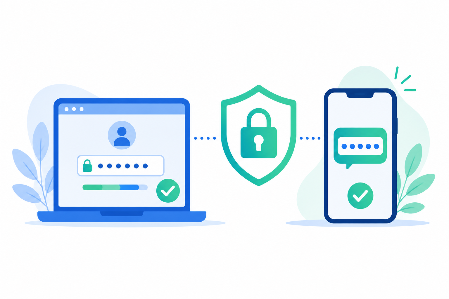 Ilustración flat design que representa una contraseña segura combinada con la autenticación en dos pasos mediante un código de verificación en un teléfono móvil.